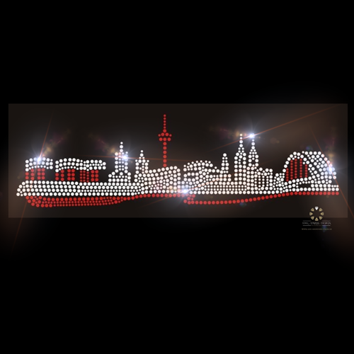 Strass Bügelbild Skyline Köln Rot-Crystal – Karneval Hotfix Motiv (30 × 8,6 cm)