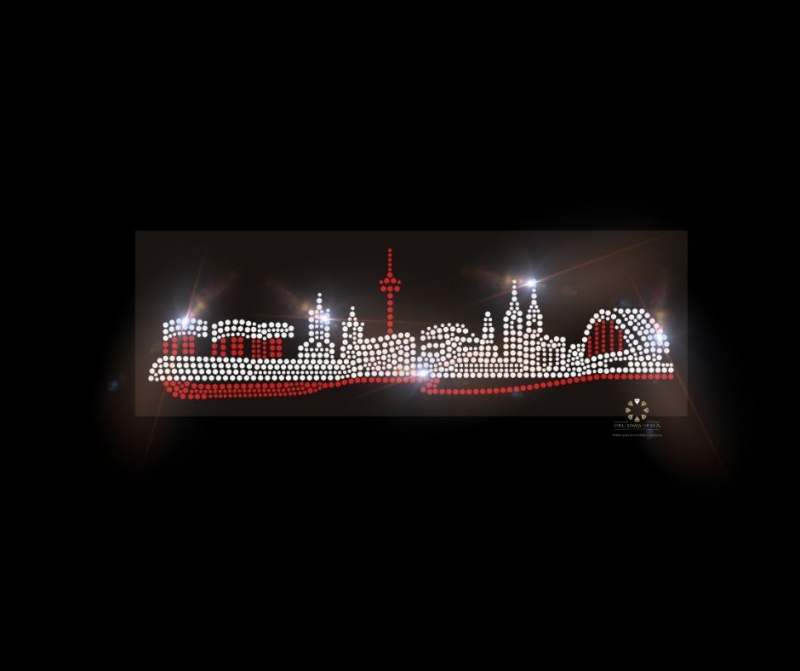 Strass Bügelbild Skyline Köln Rot-Crystal – Karneval Hotfix Motiv (30 × 8,6 cm)