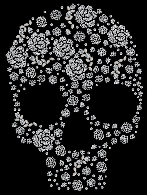 Strass Bügelbild Totenkopf mit Rosen 130109 – großes Skull Motiv 22 x 30 cm