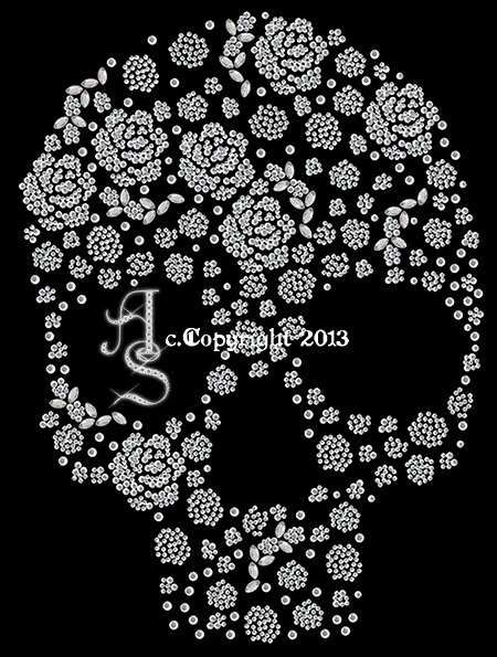 Strass Bügelbild Totenkopf mit Rosen 130109 – großes Skull Motiv 22 x 30 cm